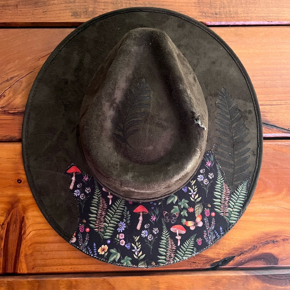 Olive Green Suede Hat with Botanical Print